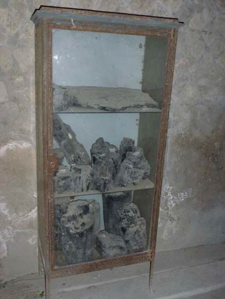 V 19, Herculaneum. October 2012. Glass show-case containing carbonised woods. 
Photo courtesy of Michael Binns.